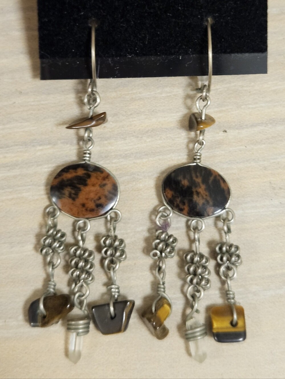 VINTAGE PERUVIAN HANDMADE SILVER TONE TIGER'S EYE GEMSTONES CHANDELIER EARRINGS